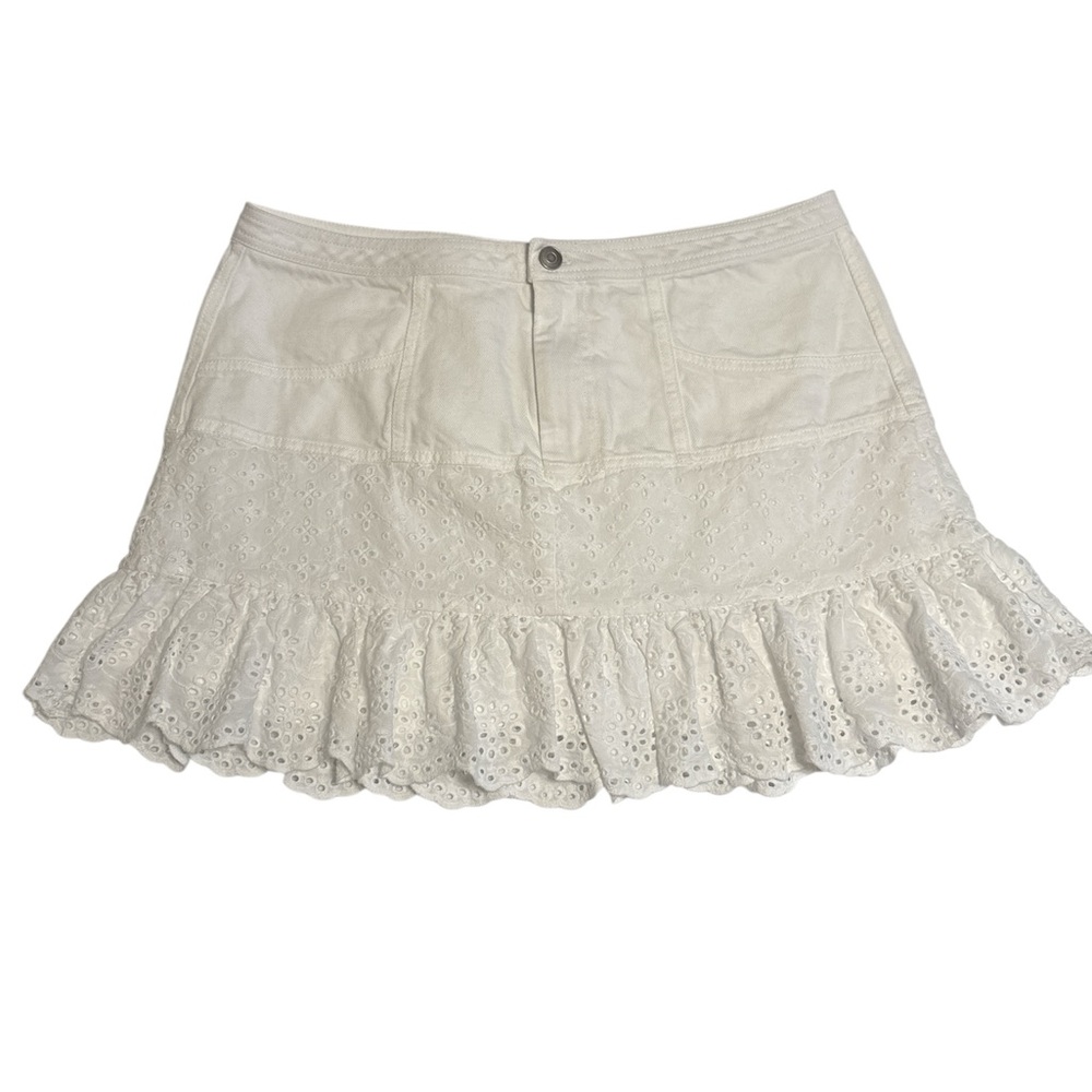Altar'd State White Boho Cottagecore Denim Eyelet Ruffle Feminine Mini Skirt